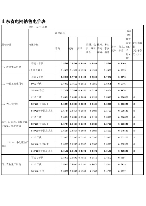 山东省电网销售电价表