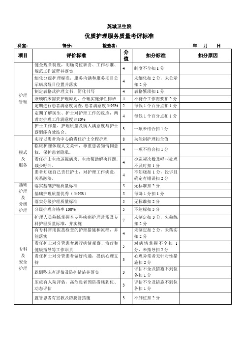 优质护理服务质量考评标准