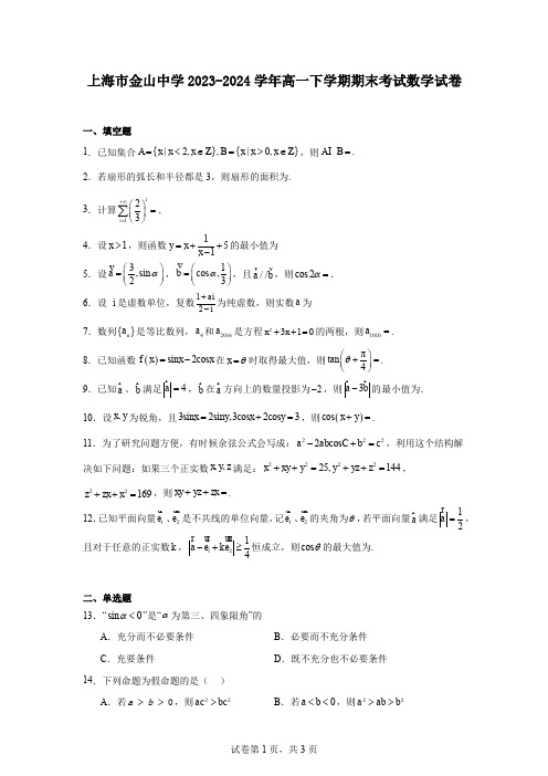 上海市金山中学2023-2024学年高一下学期期末考试数学试卷