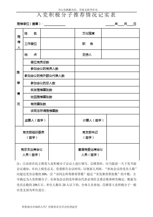 入党积极分子推荐情况记实表