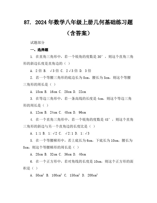 87. 2024年数学八年级上册几何基础练习题(含答案)