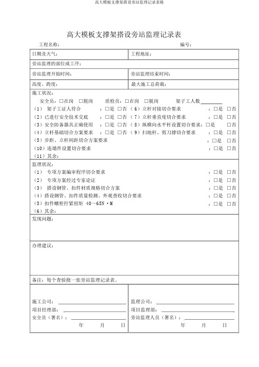 高大模板支撑架搭设旁站监理记录表格