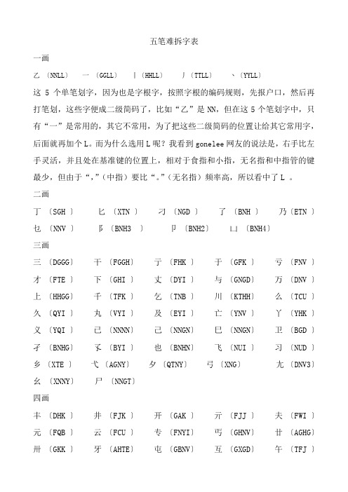 五笔难拆字表