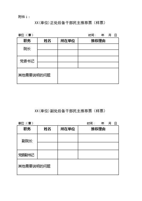 XX(单位)正处后备干部民主推荐票(样票)