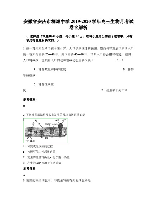 安徽省安庆市桐城中学2019-2020学年高三生物月考试卷含解析