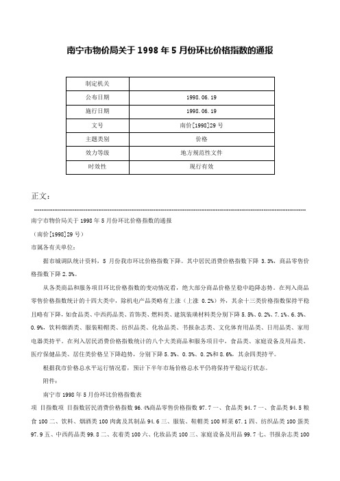 南宁市物价局关于1998年5月份环比价格指数的通报-南价[1998]29号