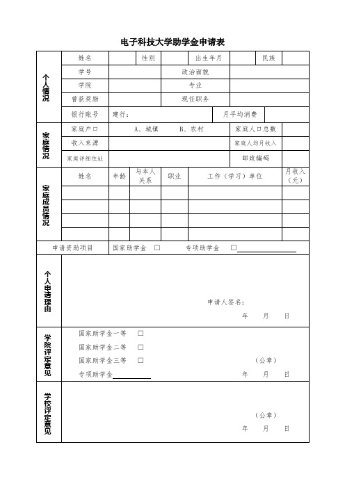 2016-2017电子科技大学助学金申请表