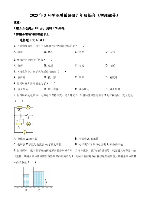 2023上海崇明区中考初三物理一模试题及答案