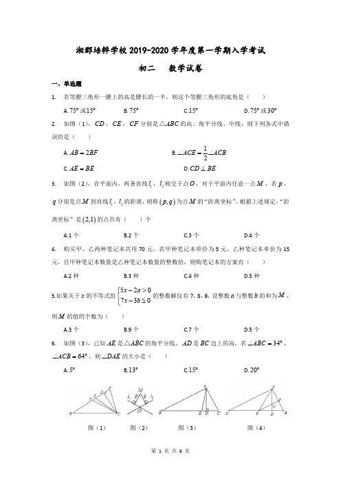 湖南省长沙市湘郡培粹实验中学2019-2020学年度八年级第一学期入学考试数学试卷(pdf版,无答案)