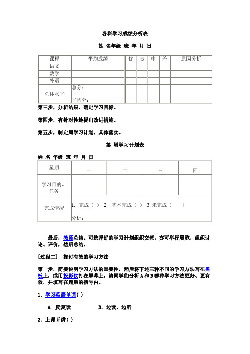 各科学习成绩分析表