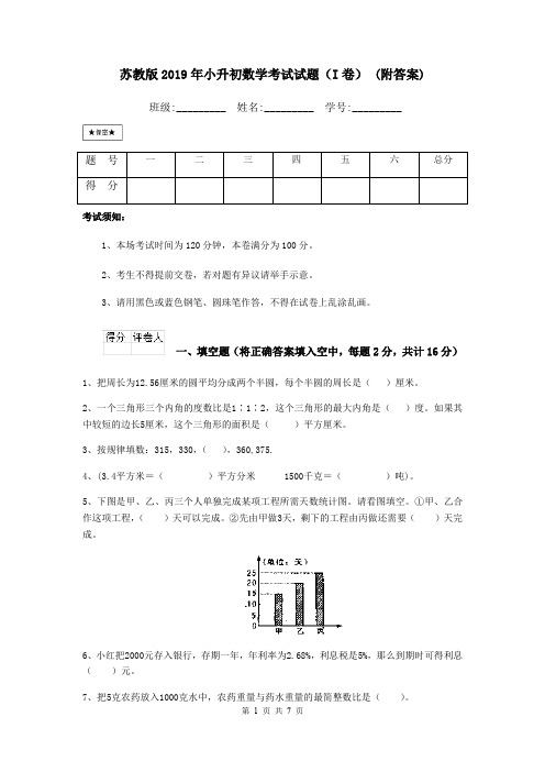 苏教版2019年小升初数学考试试题(I卷) (附答案)