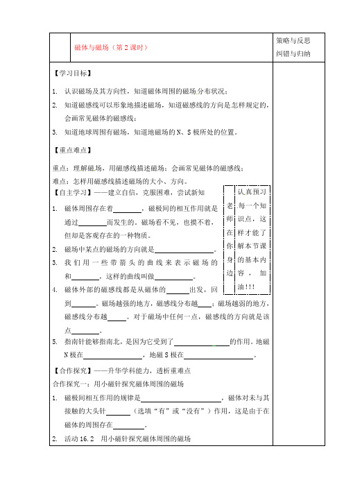 陕西省西安市庆安中学2020届九年级物理上册 磁体与磁场(第2课时)导学案(无答案) 苏科版