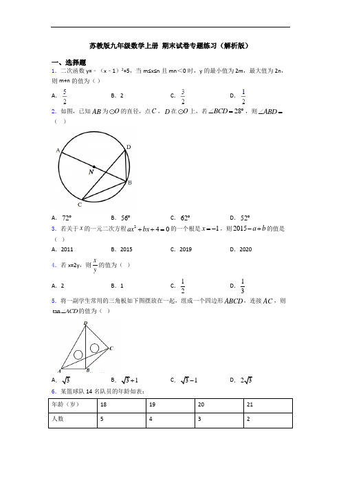 苏教版九年级数学上册 期末试卷专题练习(解析版)