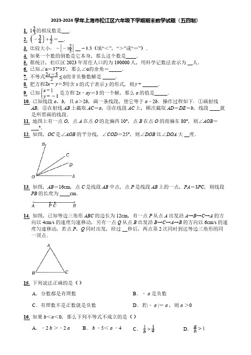 2023-2024学年上海市松江区六年级下学期期末数学试题(五四制)