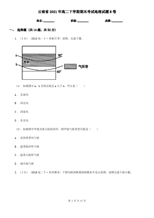 云南省2021年高二下学期期末考试地理试题B卷