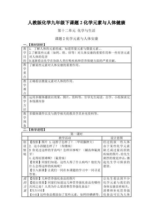 人教版化学九年级下课题2化学元素与人体健康