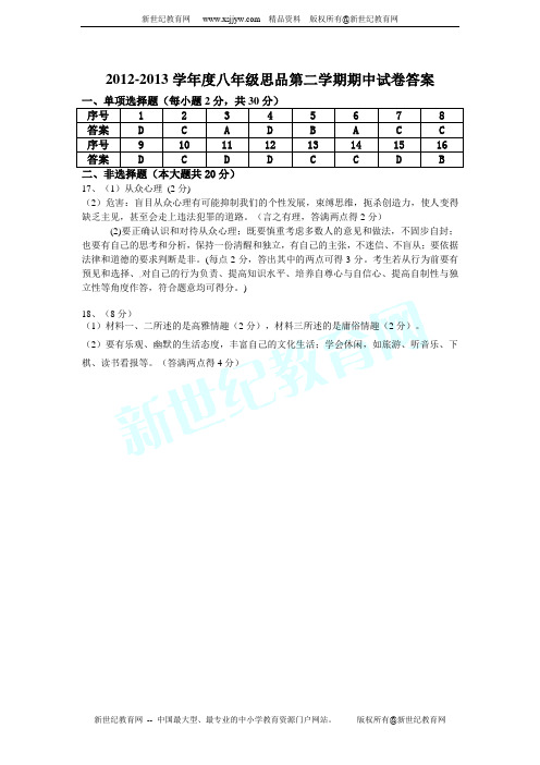 2012-2013学年度八年级思品第二学期期中试卷