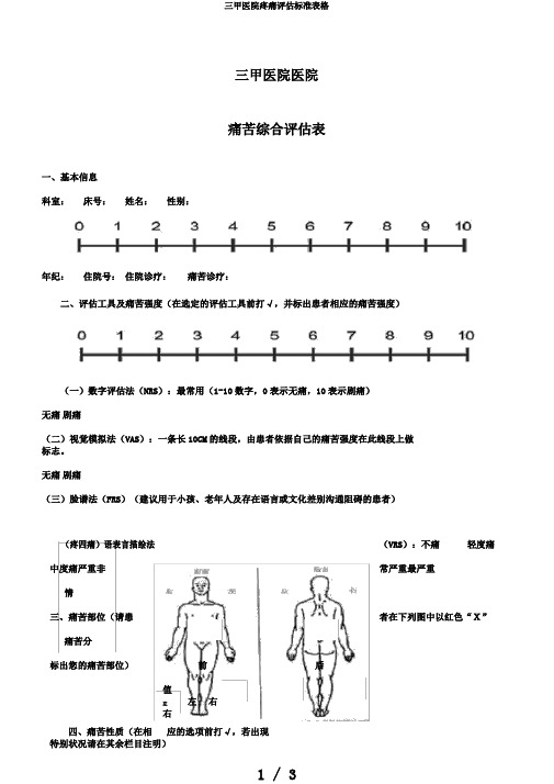 三甲医院疼痛评估标准表格