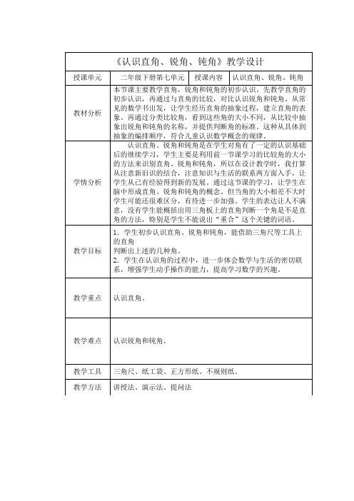 《认识直角、锐角、钝角》教学设计