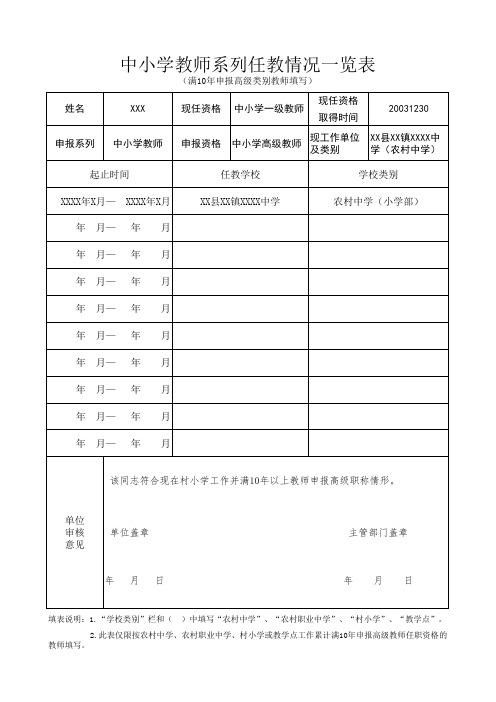 【职称评审】中小学教师系列任教情况一览表(填写模板) (1)