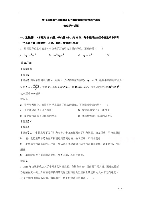 【精准解析】浙江省温州新力量联盟2019-2020学年高二下学期期中联考物理试题