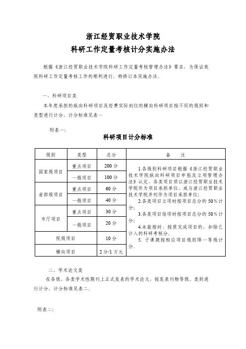 浙江经贸职业技术学院科研工作定量考核计分实施办法