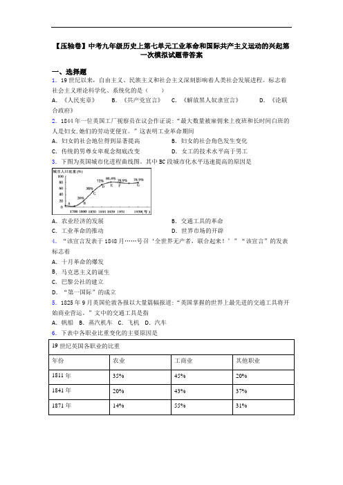 【压轴卷】中考九年级历史上第七单元工业革命和国际共产主义运动的兴起第一次模拟试题带答案
