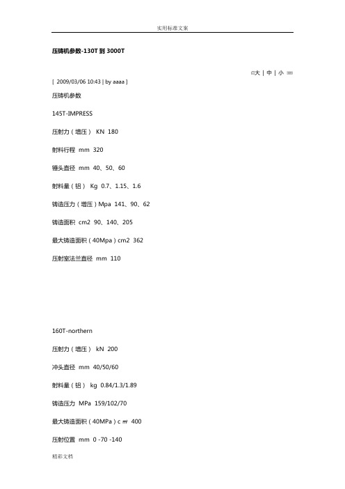 压铸机全参数-130T到3000T