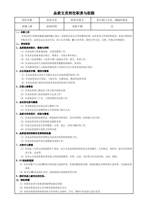 品质文员岗位职责与权限