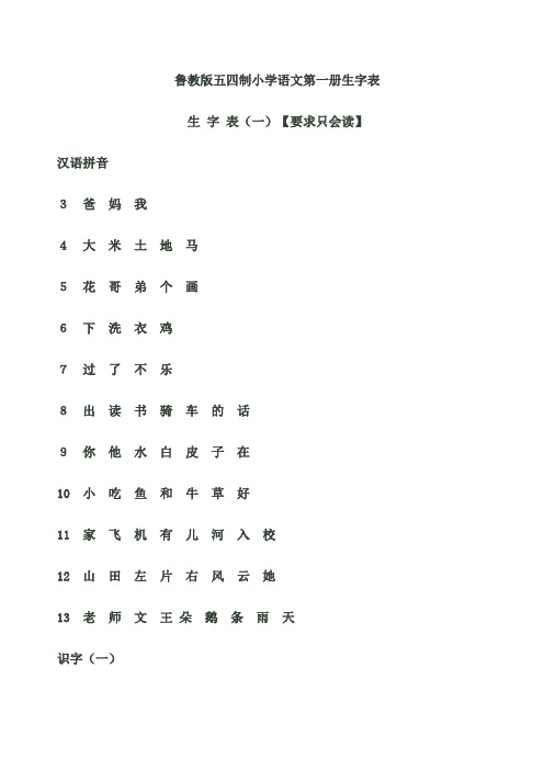 山东鲁教版五四制小学语文一年级上下册生字表(1)