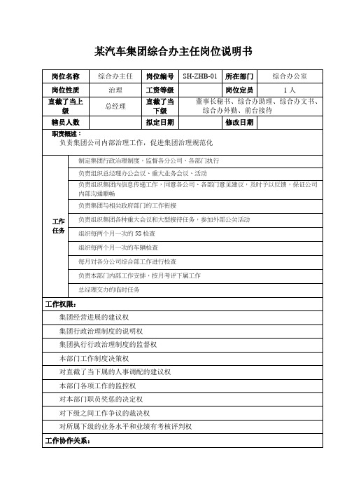 某汽车集团综合办主任岗位说明书