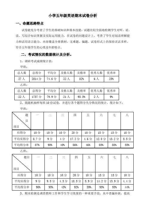 小学五年级英语期末试卷分析