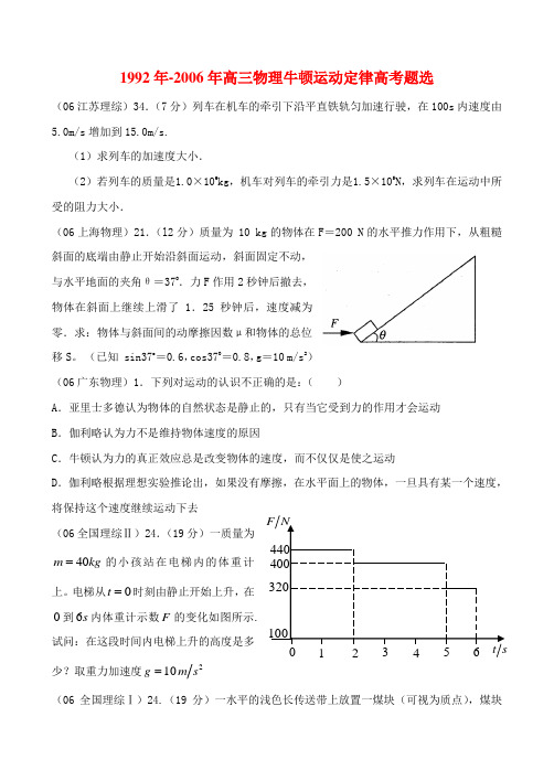 1992年-高三物理牛顿运动定律高考题选 新课标 人教版