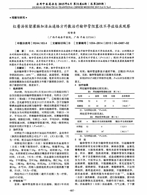 红酱汤保留灌肠加活血通络方外敷治疗输卵管阻塞性不孕症临床观察