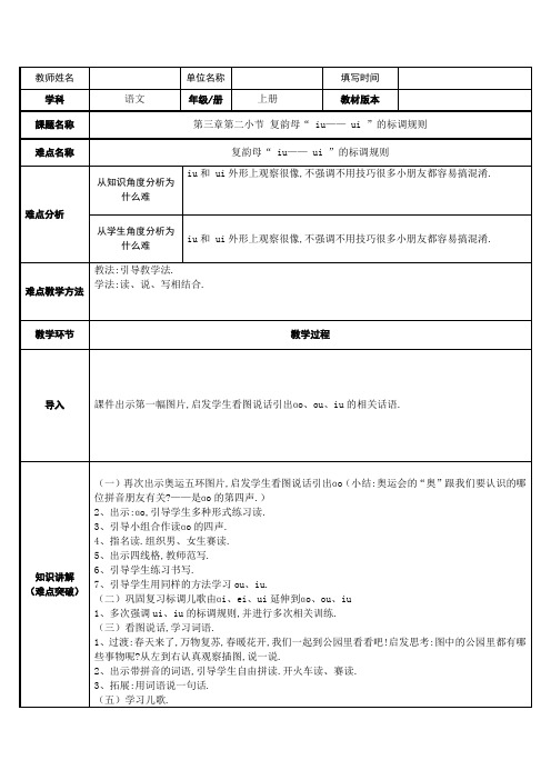 人教版(部编版)小学语文一年级上册 iu和 ui ”的标调规则 教学设计教案