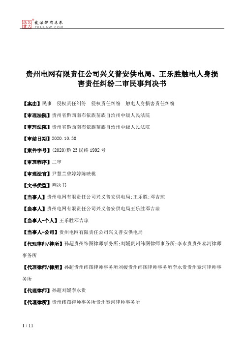 贵州电网有限责任公司兴义普安供电局、王乐胜触电人身损害责任纠纷二审民事判决书