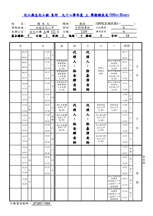 化工与生化工程 系所 九十八学年度 上 学期课表及Office Hours.