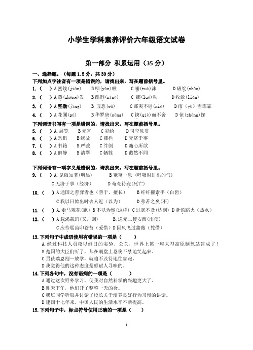 部编版六年级下册语文学科素养评价试卷6