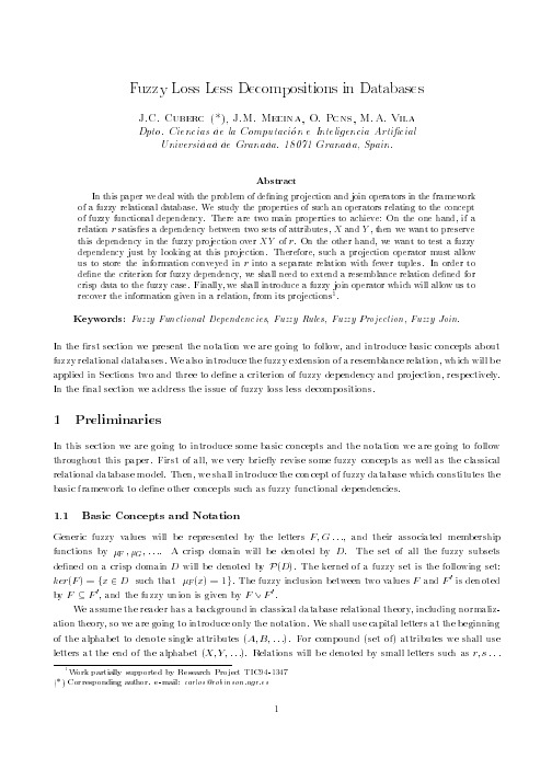 Fuzzy loss less decompositions in databases. Fuzzy Sets and Systems