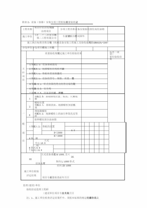 容器类设备安装检验批质量验收记录表