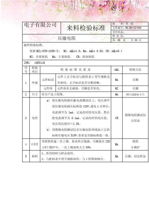 电子有限公司压敏电阻来料检验标准