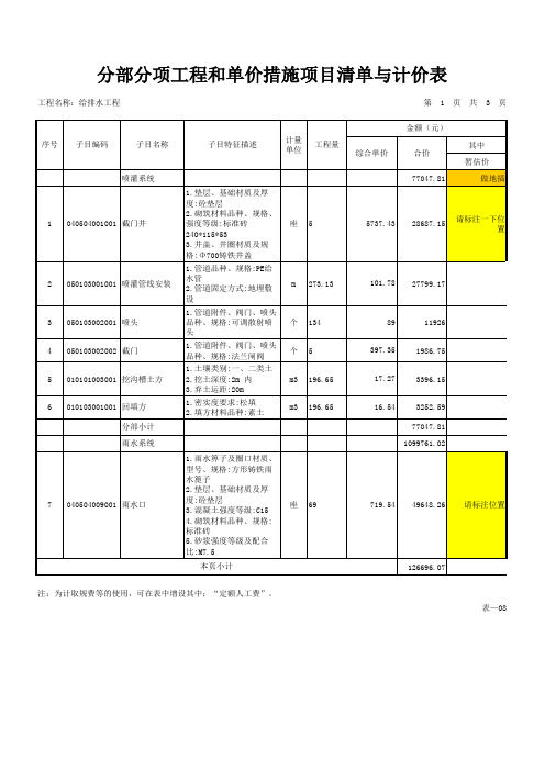 园林建设给排水工程预算表