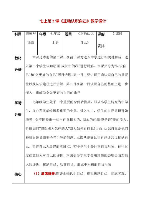 新版部编七上道德与法治第二课  正确认识自我(教案设计)