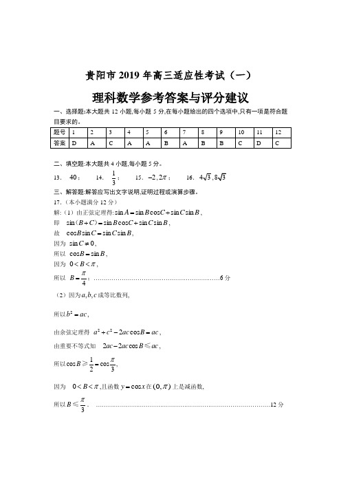 高中数学贵州省贵阳市2019年高三适应性考试(一)理科数学试题参考答案