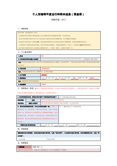 个人所得税年度自行纳税申报表简易版