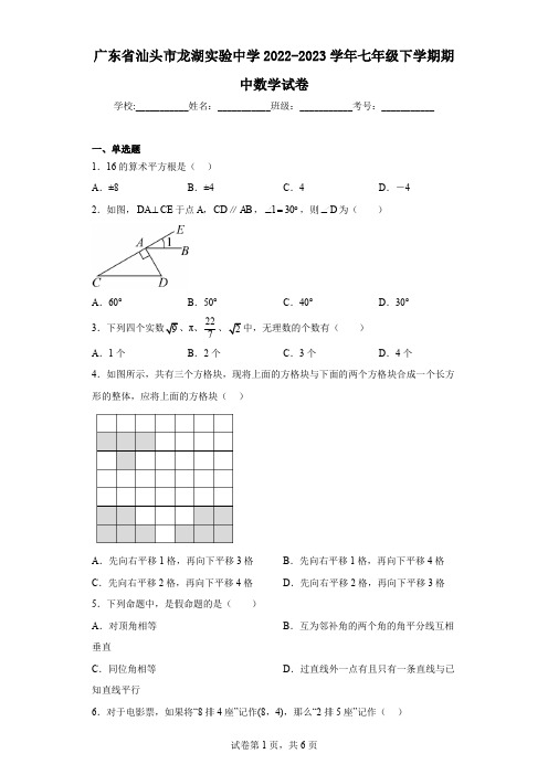 广东省汕头市龙湖实验中学2022-2023学年七年级下学期期中数学试卷