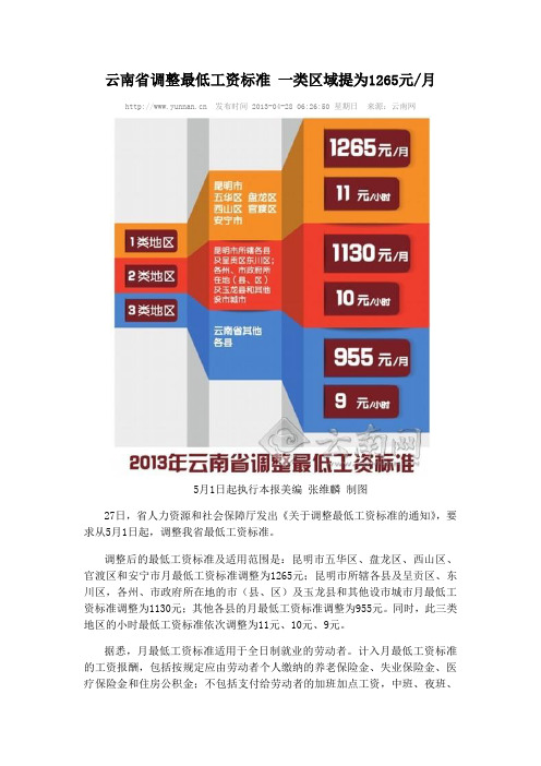 2013年云南省最低工资标准