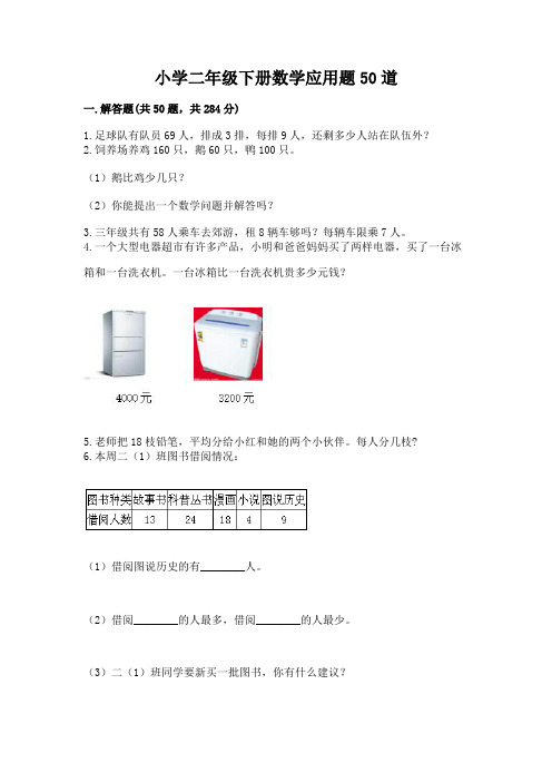 小学二年级下册数学应用题50道精品(全优)