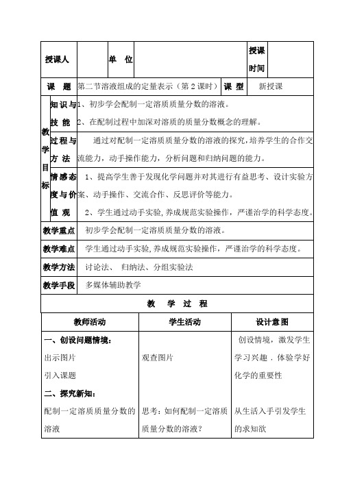 初中化学_配制一定溶质质量分数的溶液教学设计学情分析教材分析课后反思