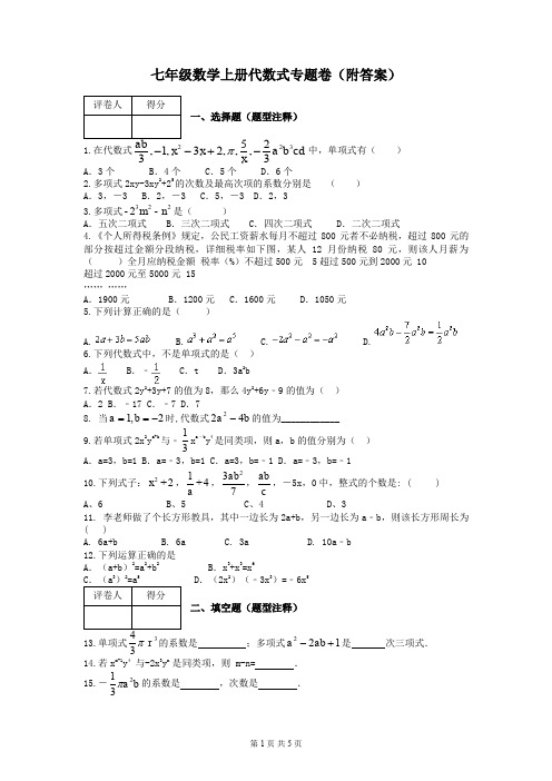 七年级数学上册代数式专题卷(附答案)